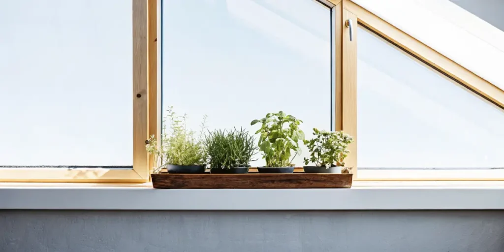 Indoor herb garden with fresh plants growing on a bright windowsill.