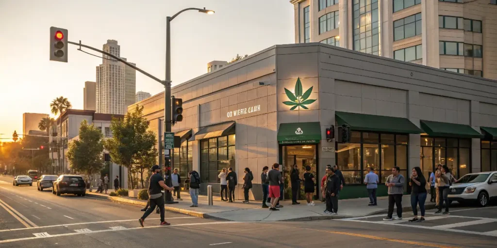 City pedestrians near a bright cannabis shop showing Legal Cannabis is Transforming the World globally.