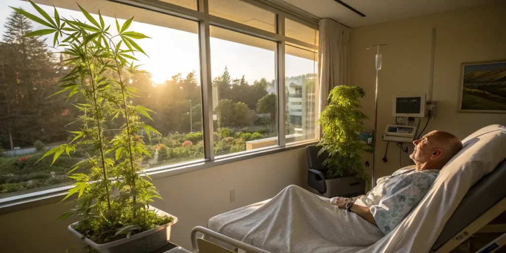 Hospital patient resting near cannabis plants symbolizing research on Marijuana and Cancer therapies.