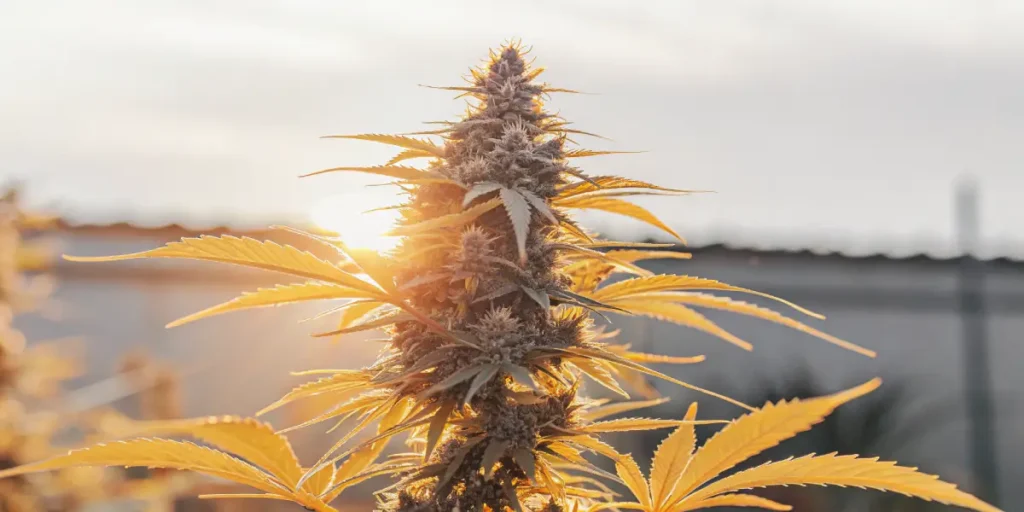 Close-up of a mature autoflower cannabis plant glowing under the golden sunset.