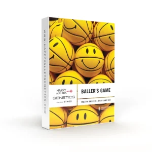 Baller's Game Strain seed packaging with stacked yellow basketballs featuring smiley faces, bold sporty theme, and playful visual style.