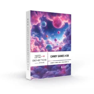 Candy Games #38 Strain seed packaging with floating colorful spheres, pastel clouds, and a dreamy cosmic sky in soft pink and blue tones.