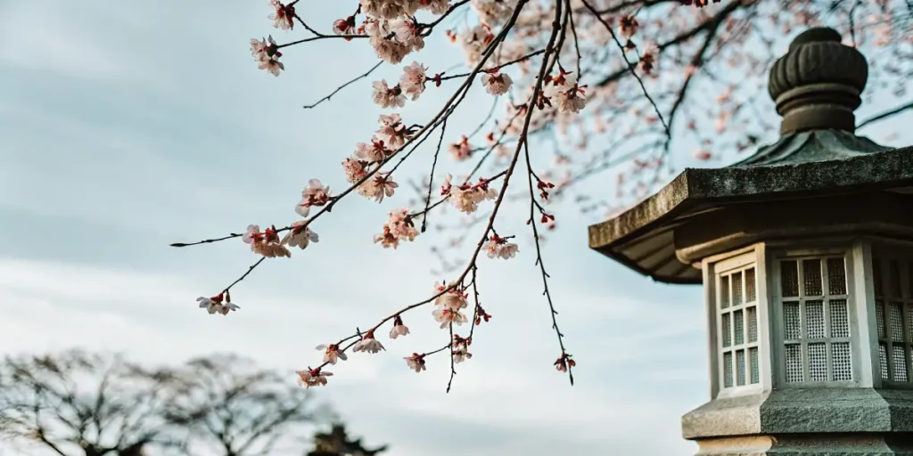 close-up of cherry blossom branch with a traditional stone lantern in the background