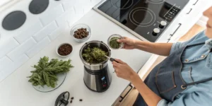 Hands using a coffee grinder to prepare cannabis, showing one of the hacks to grind weed without a grinder.