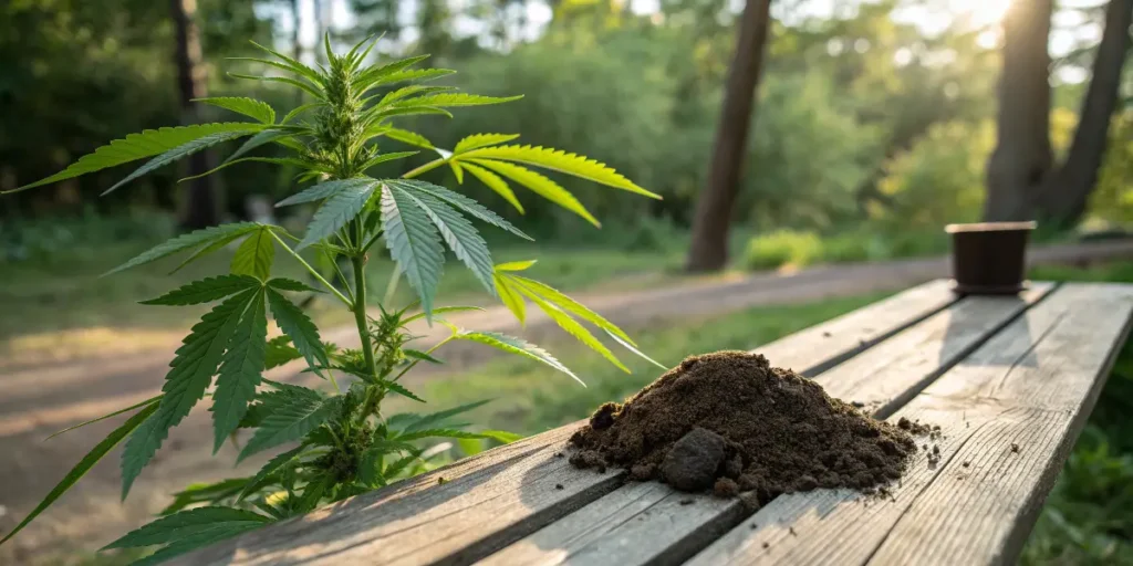 young cannabis plant beside a pile of soil on a wooden bench in natural sunlight.