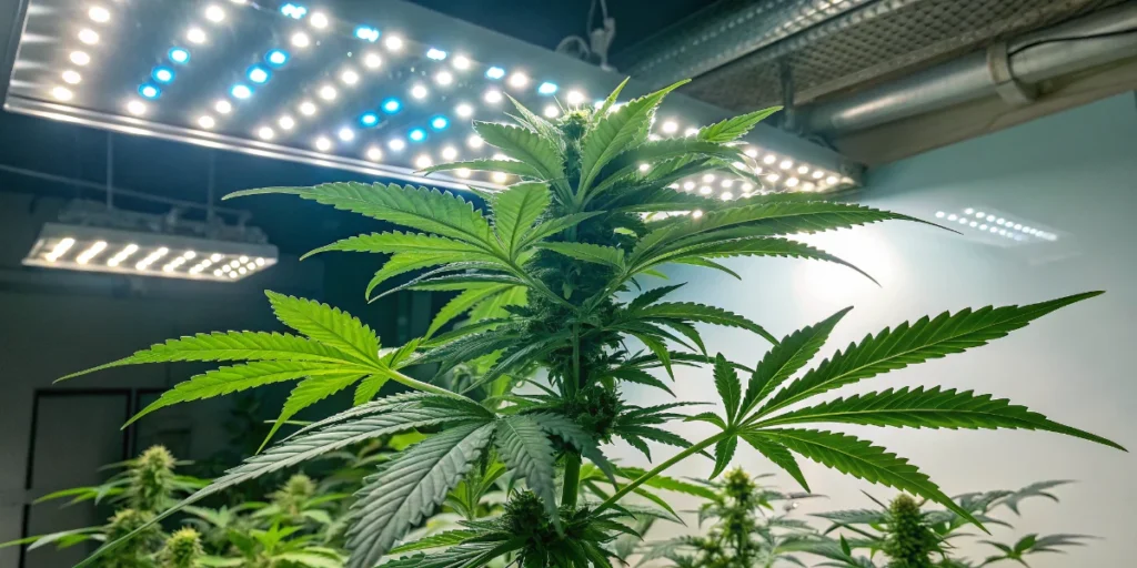 Think Different Auto flowering plant with chunky buds under warm indoor lighting and surrounding cannabis canopy.
