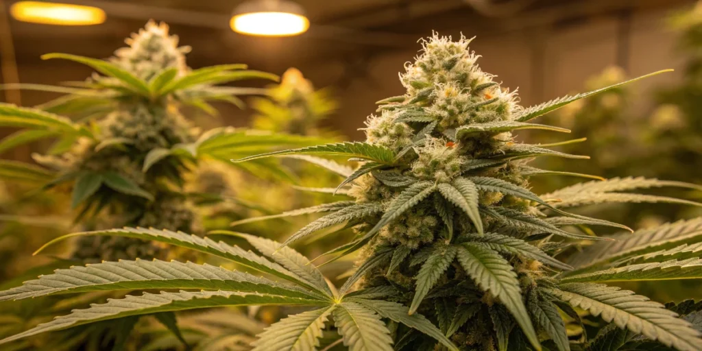 Think Different Auto plant in vegetative stage under LED grow lights with healthy green leaves and developing structure.