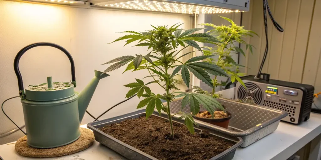 Auto mint cannabis plant growing indoors in small setup under LED light with compact size