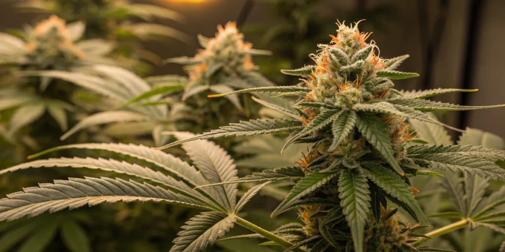 Indoor Sour Diesel Auto plants showing structure and leaf development under LED lighting