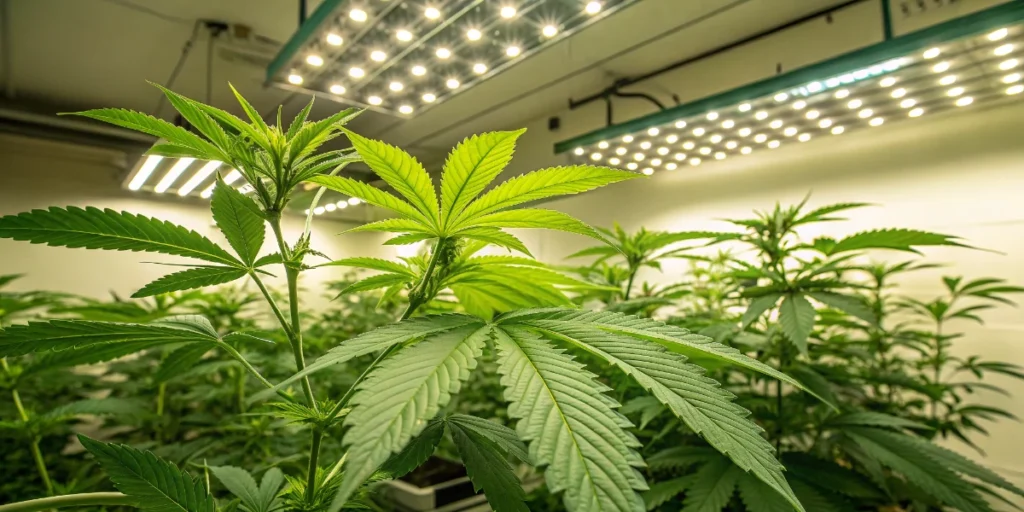 Auto Sour Diesel buds developing in a controlled indoor cultivation setup