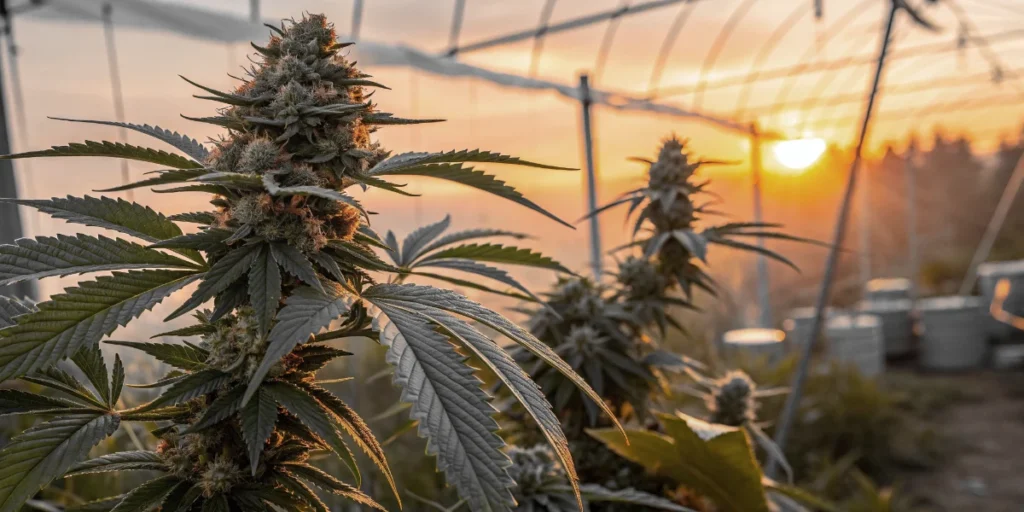 Auto Sour Kush plants flowering outdoors inside a greenhouse at sunset