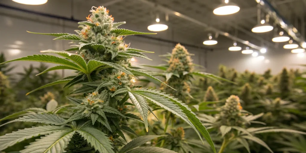 Indoor cannabis buds with trichomes under controlled cultivation environment