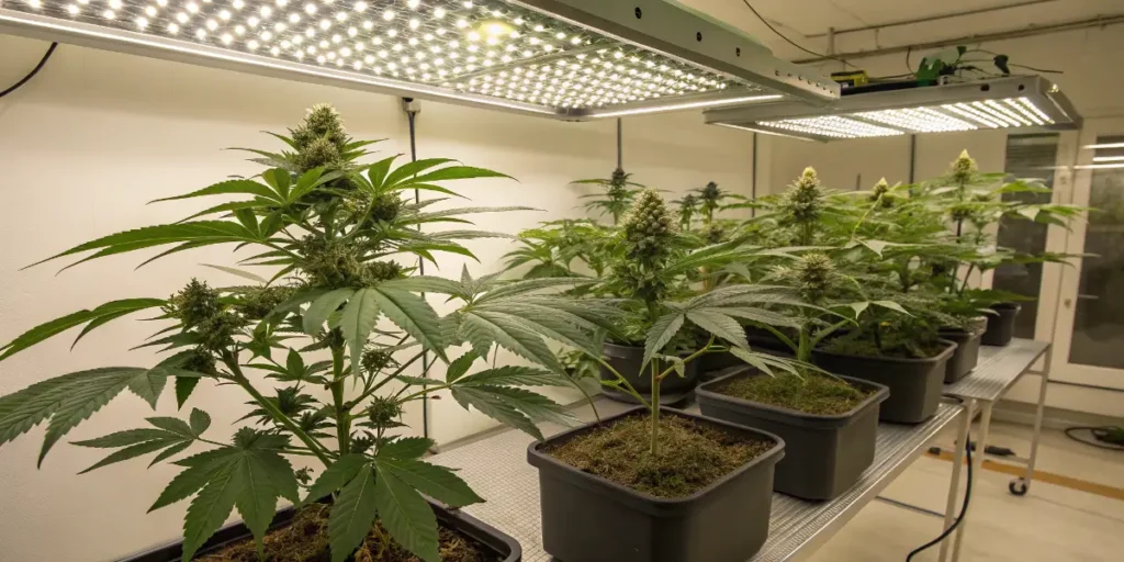 Indoor cannabis plants producing buds linked to mint terpene profiles under LED lights