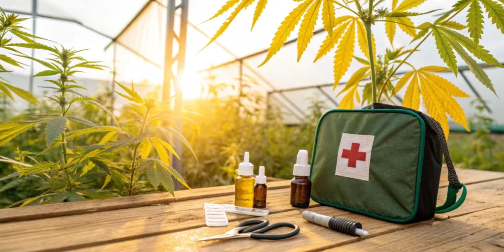 Cannabis care kit for yellowing leaves with bottles, tools, and supplies arranged on table inside greenhouse.