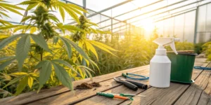 Cannabis care kit for yellowing leaves being applied to potted plant with yellow foliage in outdoor setting.