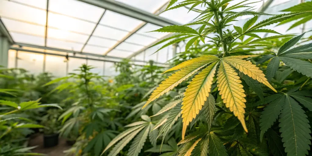 Cannabis chlorosis symptoms in greenhouse with widespread leaf yellowing