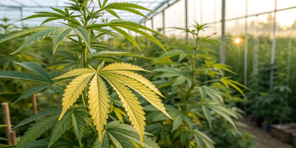 Cannabis leaf showing chlorosis with yellowing between veins in greenhouse