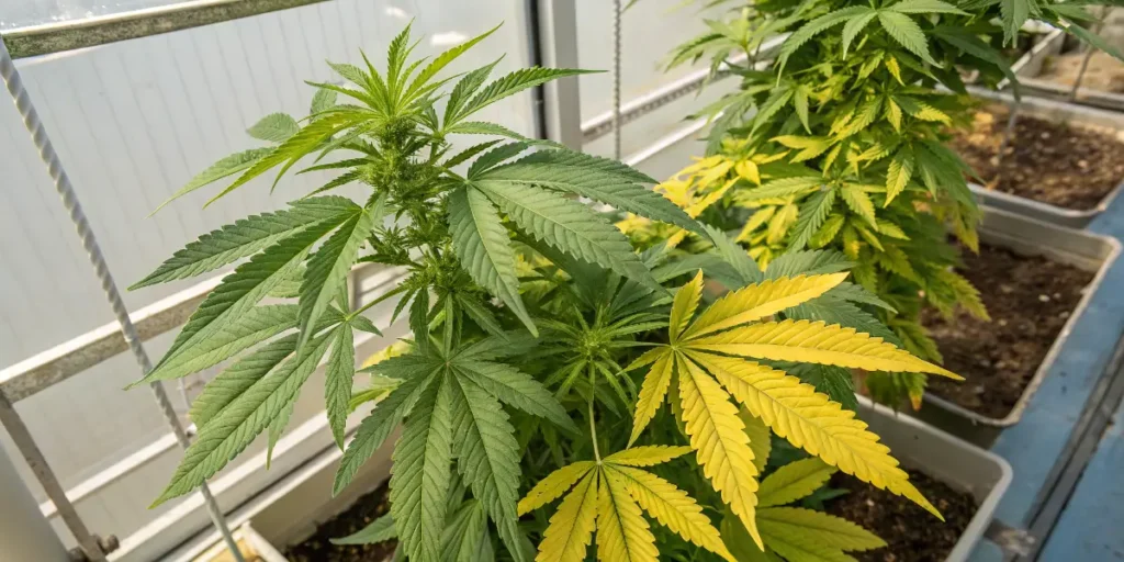 Cannabis chlorosis caused by nitrogen deficiency in indoor grow environment