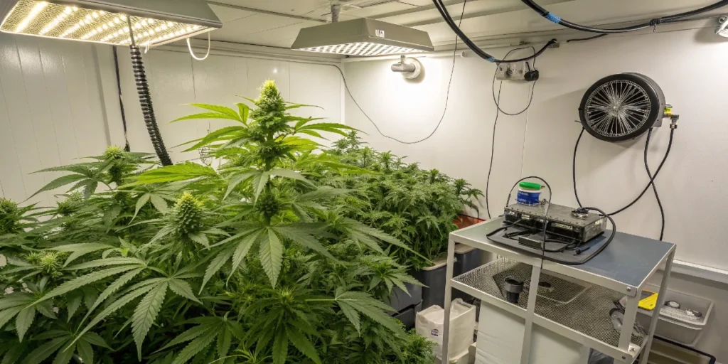 Cannabis seeds for disease resistance producing dense plants in indoor grow setup with lighting and ventilation system.