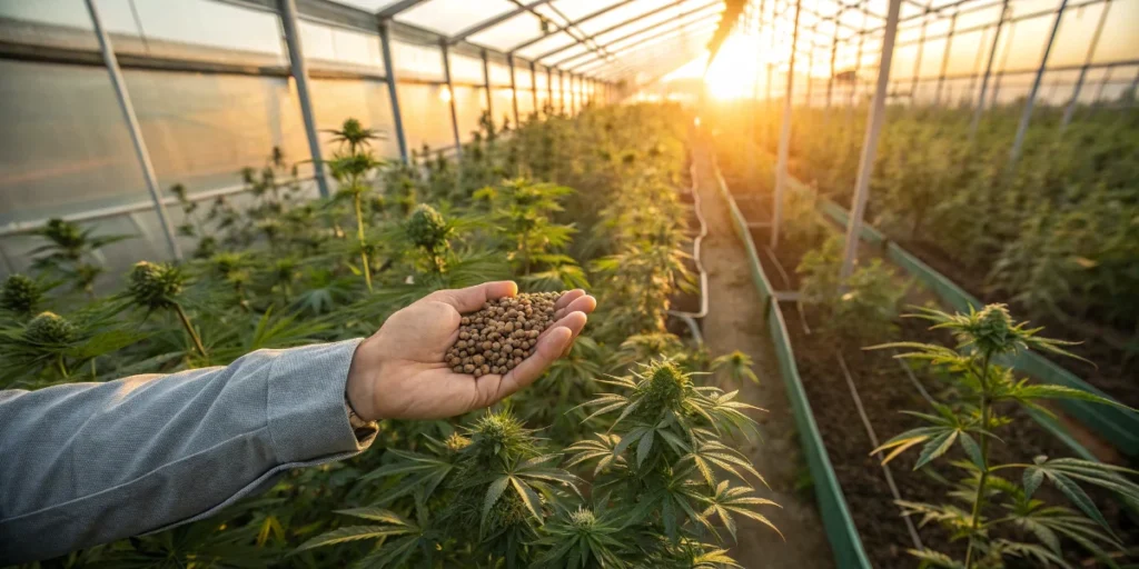 Cannabis seeds for disease resistance being applied in greenhouse cultivation with healthy plants under natural sunlight.