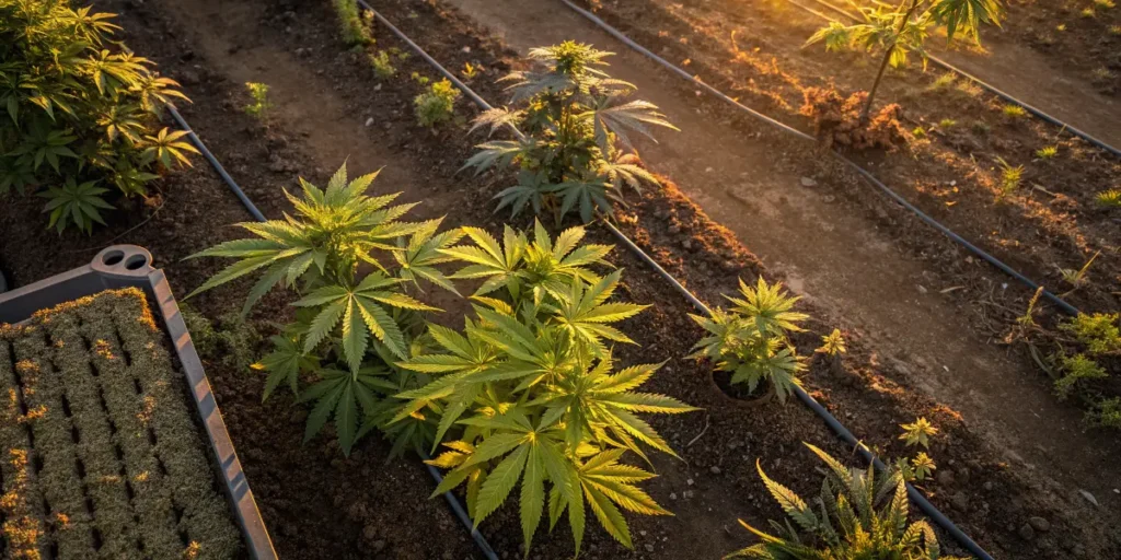 Cannabis field with chlorosis showing uneven yellowing across plants