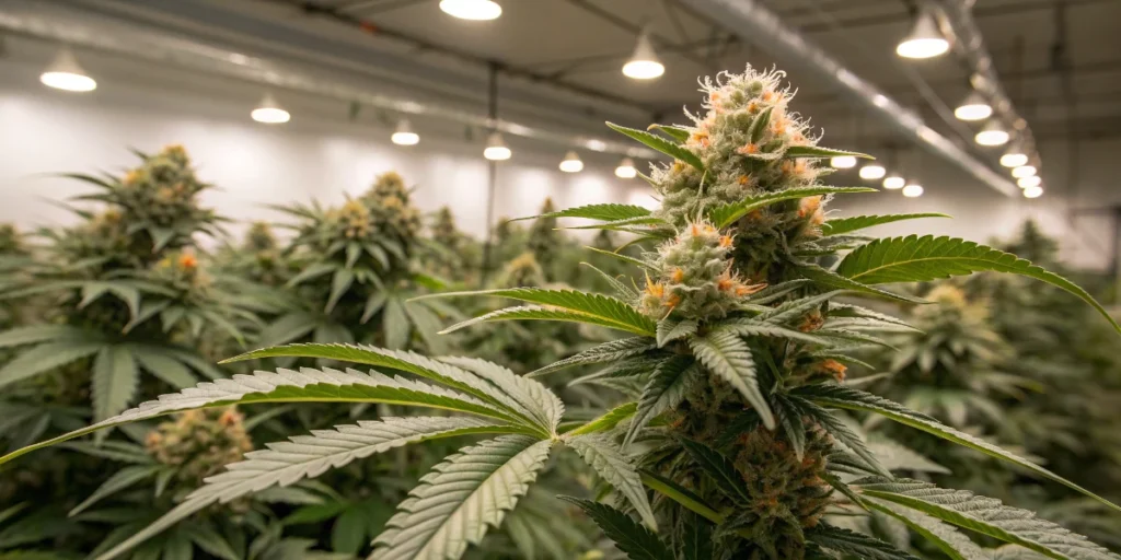 Young cannabis plant developing structure and leaves during vegetative growth phase.