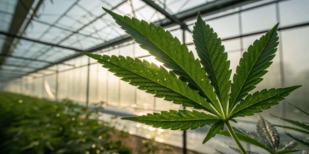 Cannabis without leaf problems in outdoor cultivation with dense rows of vigorous plants and consistent green foliage.