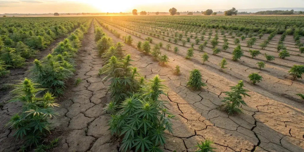 Outdoor cannabis cultivation in poor soil conditions highlighting plant resilience and adaptability.