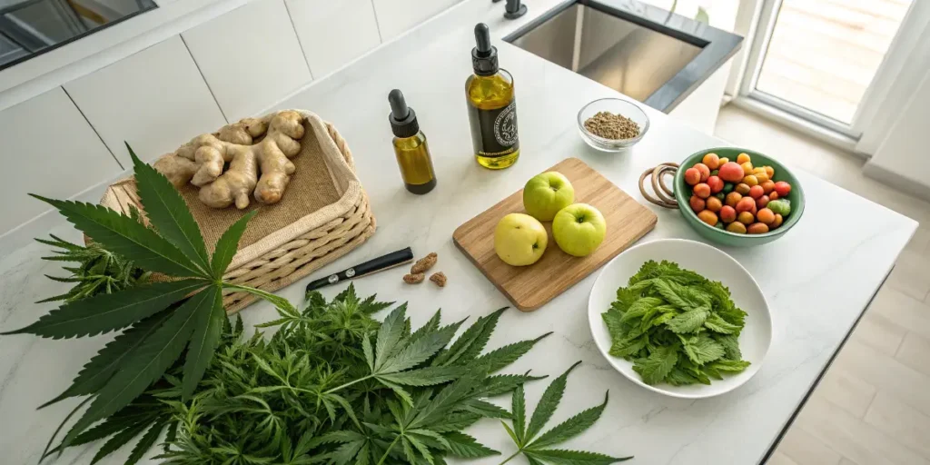 Cannabis leaves and natural foods prepared for herbal digestive remedies