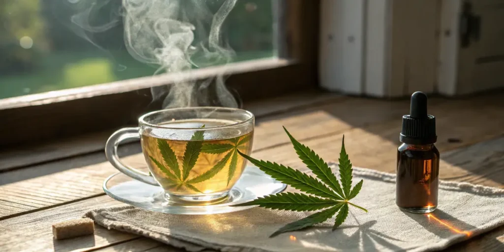Cup of herbal tea with cannabis leaf beside dropper bottle