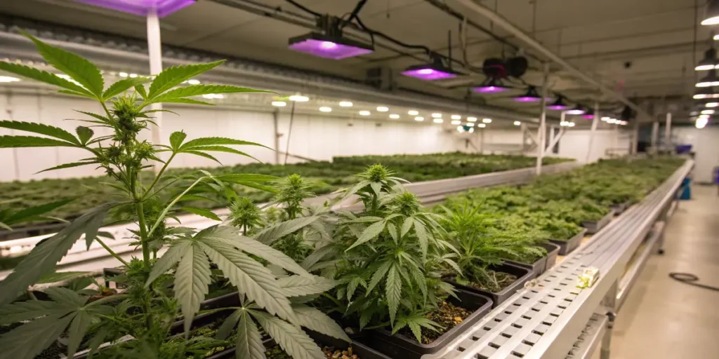 Cannabis plants in hydroponic system under LED lights in large-scale facility