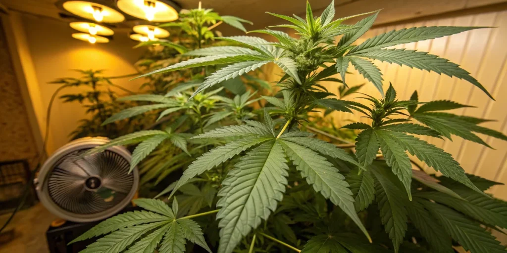 Indoor cannabis plants with fans and lights during early flowering transition