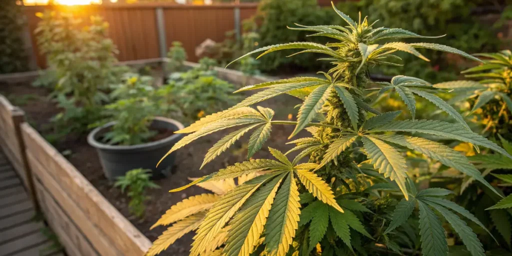 Interveinal chlorosis in cannabis leaf showing yellowing between veins