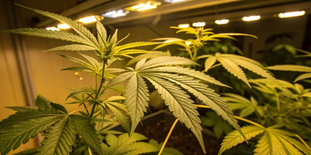 Cannabis leaf chlorosis with yellowing between veins