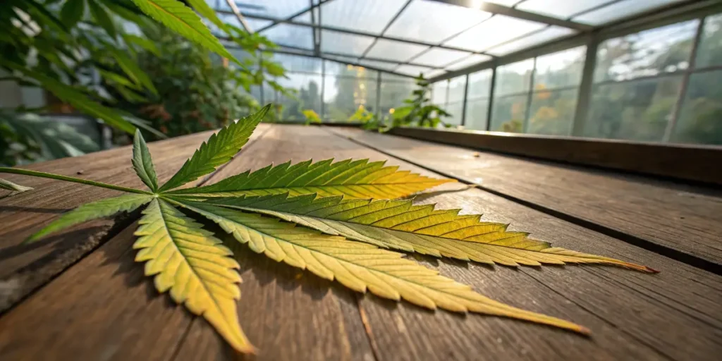 Cannabis leaf chlorosis close-up showing yellowing with green veins