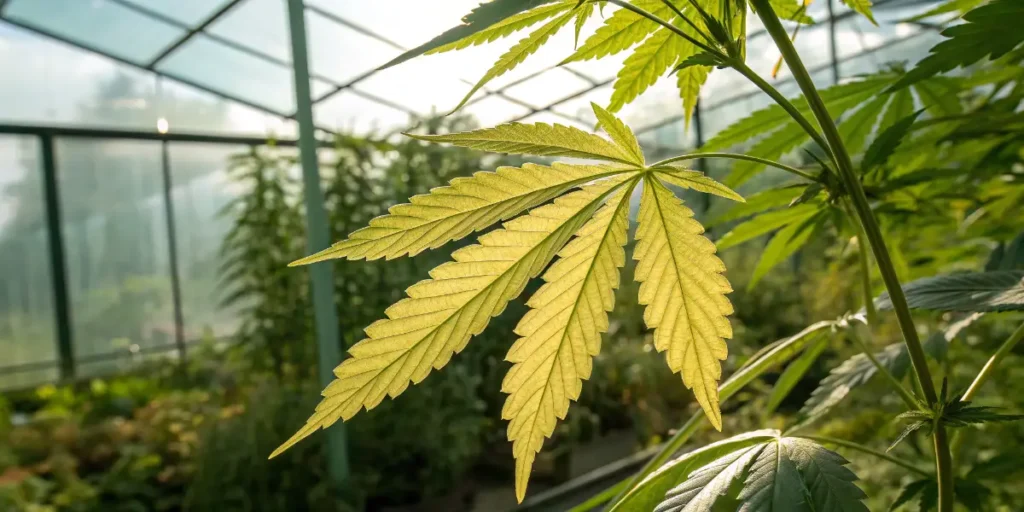 Cannabis leaf with chlorosis showing yellowing between veins