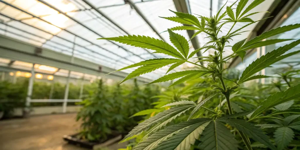 Cannabis leaf showing chlorosis with yellowing between veins