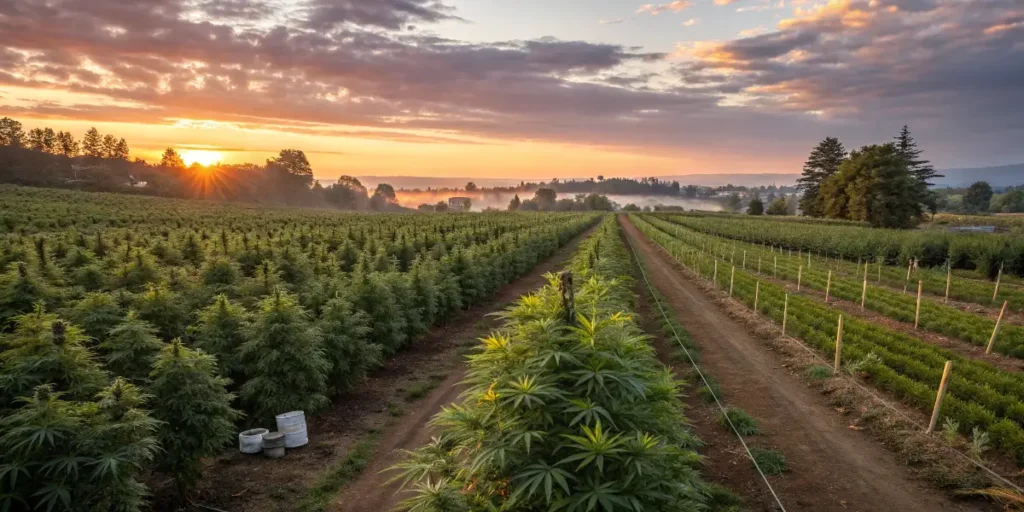 Outdoor cannabis cultivation showing vigorous plant growth in optimal conditions.