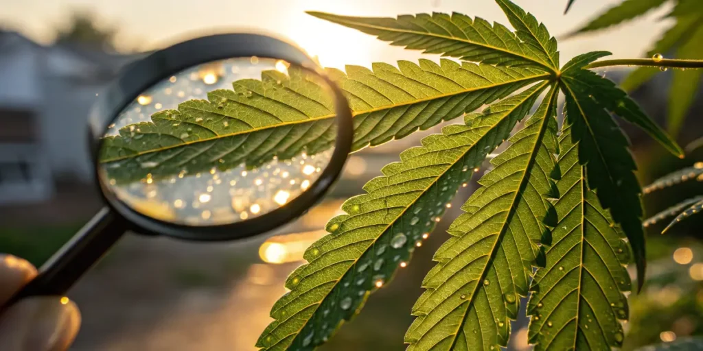 Cannabis leaf under magnifying glass showing detailed structure and surface