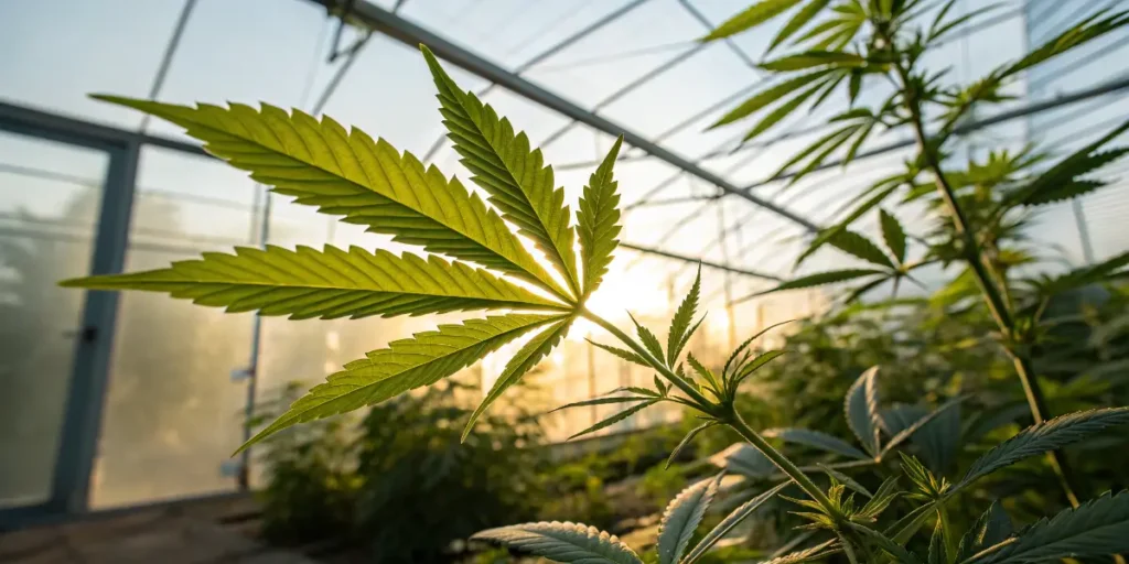 Cannabis leaf discoloration with yellowing in greenhouse environment