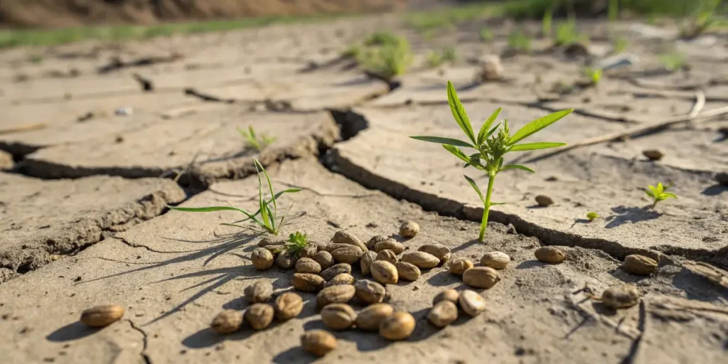 Cannabis seeds sprouting in dry cracked soil showing early growth in poor conditions