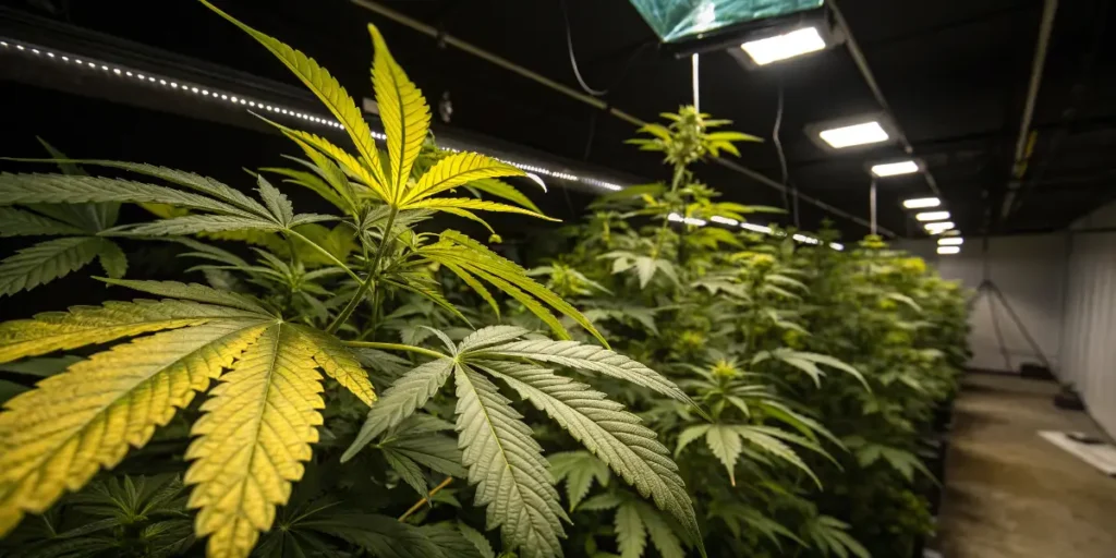 Cannabis leaves turning yellow indoors due to possible nitrogen deficiency