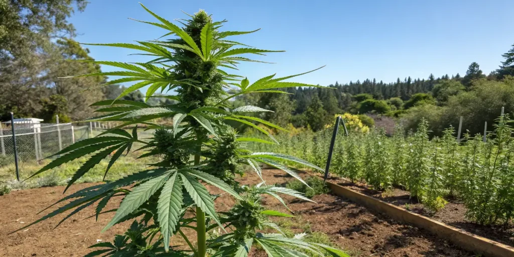 fast flowering mint cannabis plant growing outdoors in sunny garden with dense buds