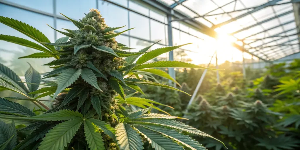 Cannabis plant in greenhouse with healthy leaves and no signs of chlorosis