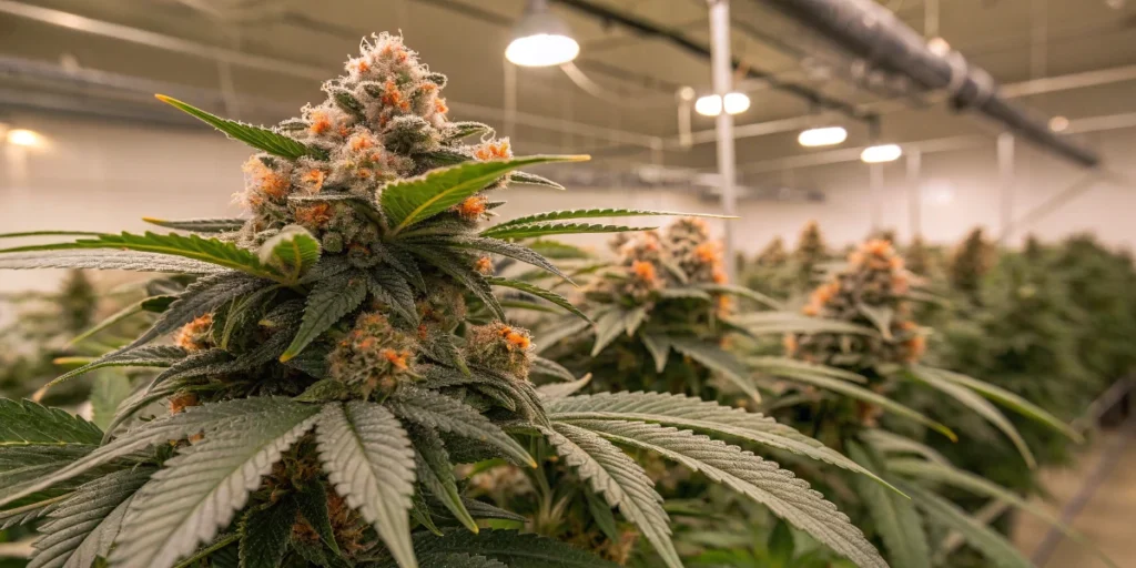 Indoor cannabis grow room with multiple flowering plants under controlled lighting