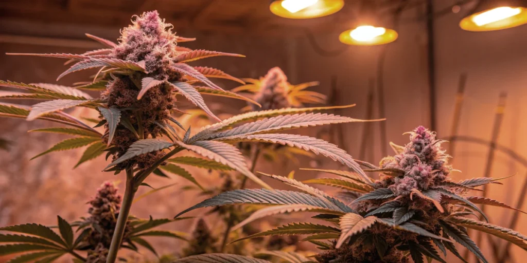 Cannabis flowering buds under LED grow lights showing dense structure and resin development