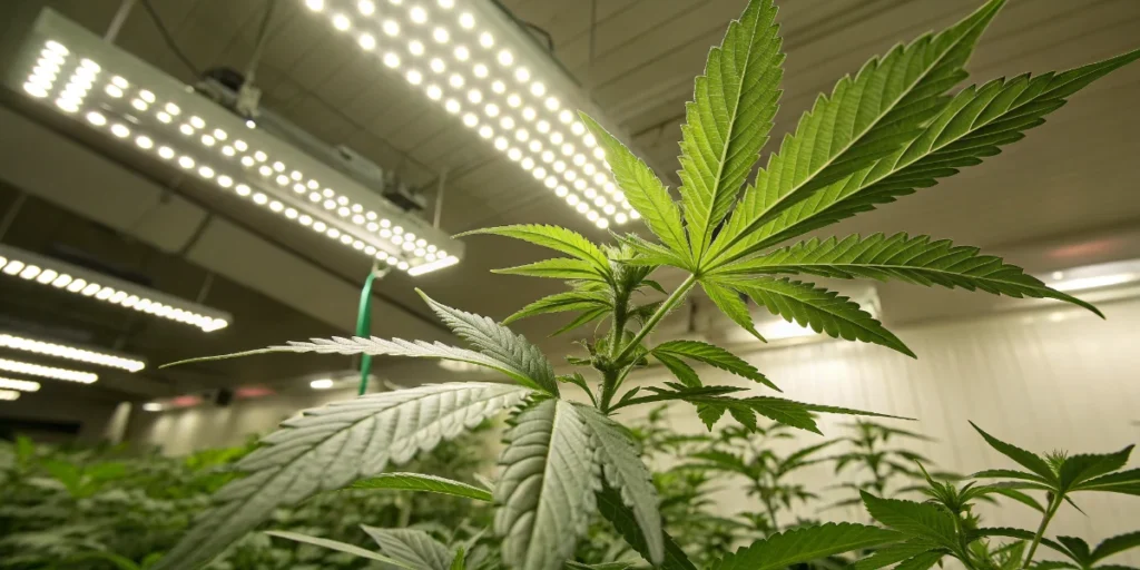 Cannabis plant in vegetative stage under LED grow lights with strong leaf development