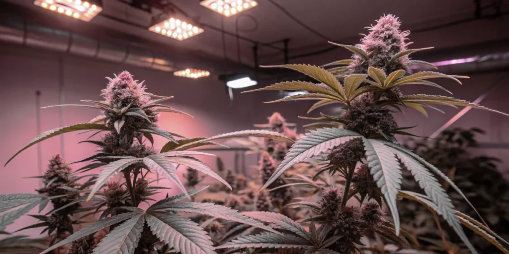 Indoor cannabis plants flowering under LED grow lights with full canopy coverage