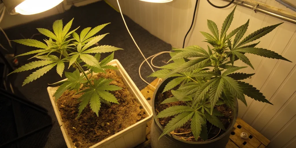 Cannabis plant with magnesium deficiency showing yellowing leaves and green veins