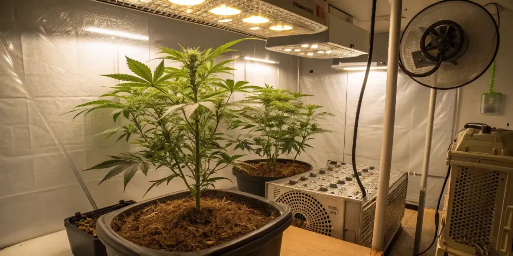 Mint cannabis plants in indoor grow room associated with nausea relief applications